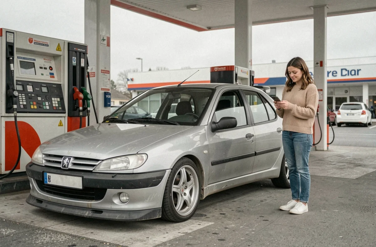 Femme faisant le plein de sa Peugeot 306 Maxi à la station-service, illustrant les contraintes pratiques d'un usage quotidien de cette voiture de rallye