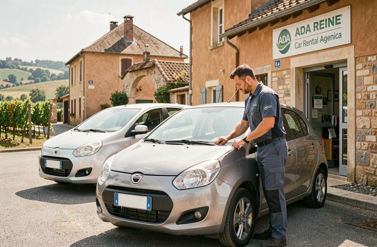 Agent Ada effectuant l'état des lieux d'une voiture de location devant l'agence de Beaune en Bourgogne