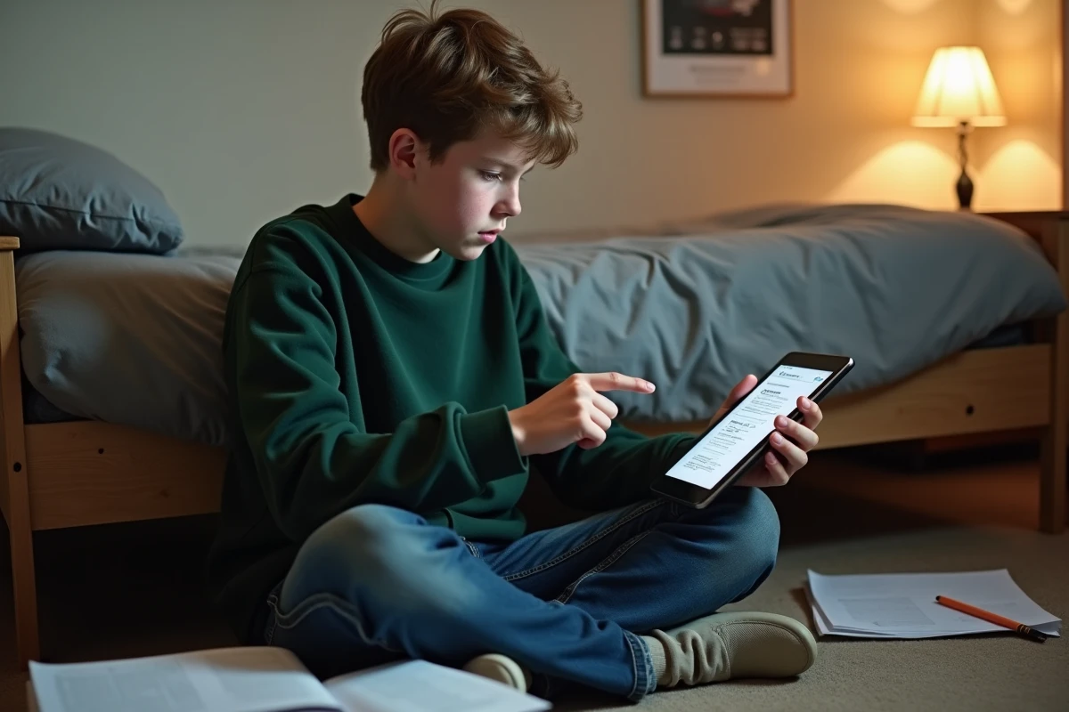 Adolescent révisant les questions du permis de conduire 2026 sur tablette avec un PDF de code de la route