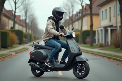 Adolescent de 16 ans assis sur un scooter 50cc neuf noir mat dans une rue résidentielle française, portant un casque intégral homologué