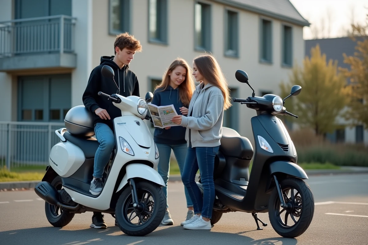 Deux adolescents comparant deux scooters 50cc neufs dans un parking de lycée en France, casques sous le bras et brochure en main