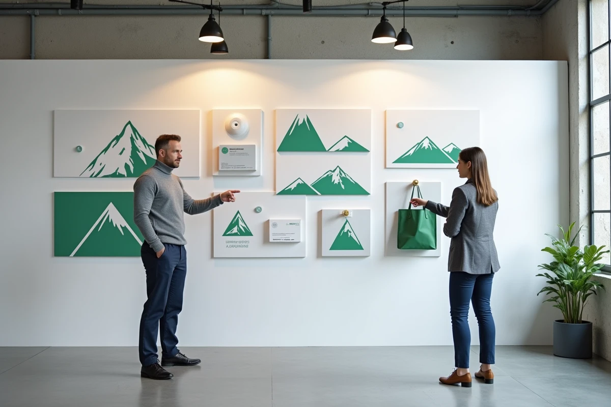 Agence de branding présentant les déclinaisons d'un logo alpin modernisé sur différents supports de communication