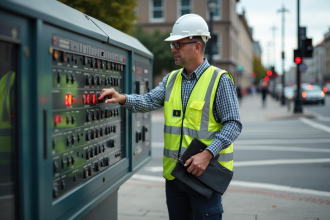Agent de trafic en gilet réfléchissant contrôle un panneau urbain