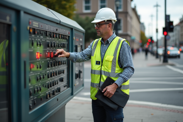 Agent de trafic en gilet réfléchissant contrôle un panneau urbain