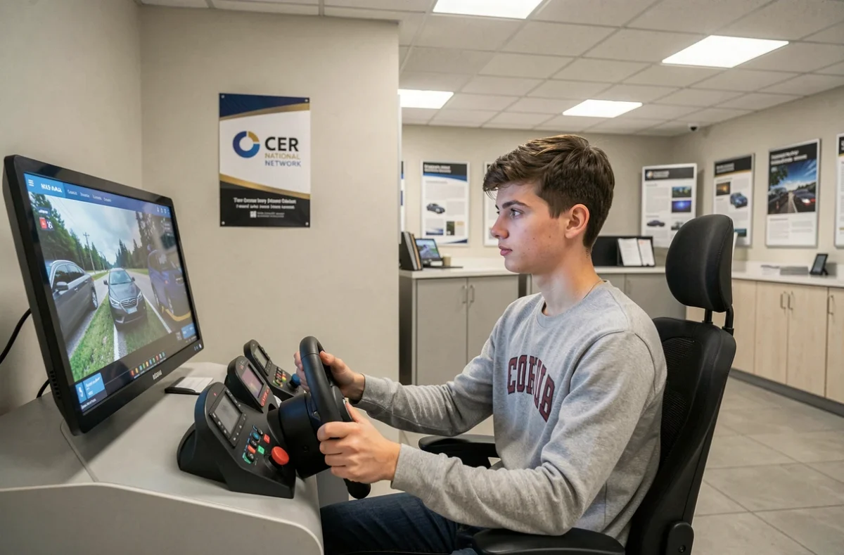 Élève utilisant un simulateur de conduite moderne dans une auto-école du réseau national CER Allyson