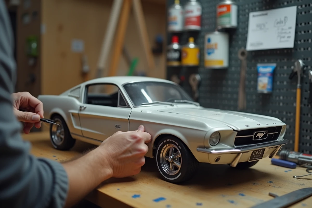 Mains d'un passionné appliquant un logo Ford Mustang sur une maquette plastique à l'échelle 1/24 avec des pinces fines