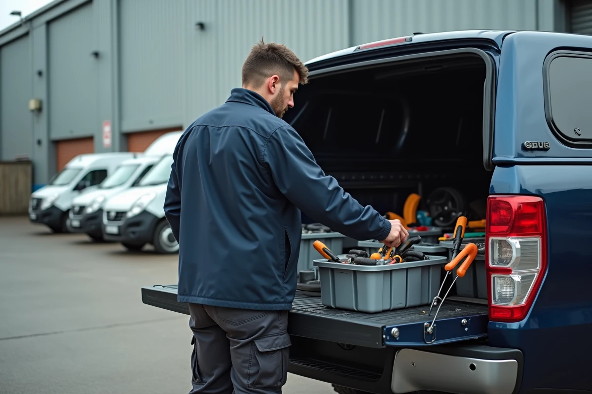 Artisan professionnel inspectant le plateau de chargement d'un pick-up Dacia utilitaire devant un entrepôt industriel