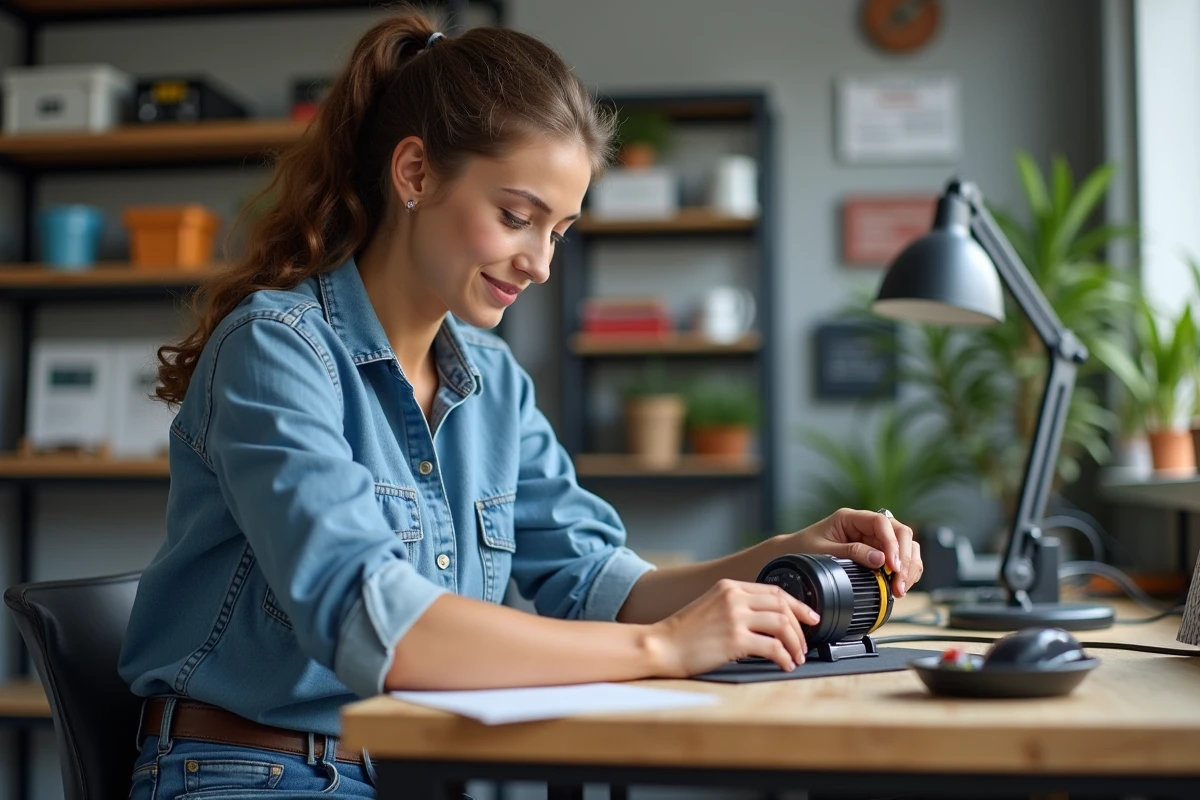 Jeune femme assemble un moteur électrique dans un atelier moderne