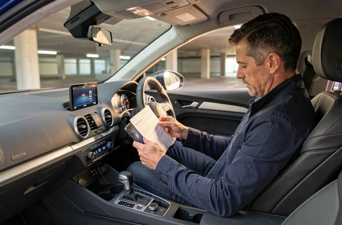 Conducteur assis dans une Audi A3 grise consultant son smartphone avec les documents d'assurance dans un parking couvert