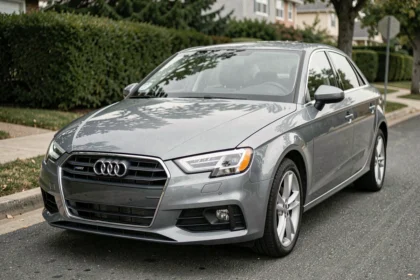 Audi A3 grise garée dans une rue résidentielle, vue trois quarts avant mettant en valeur la carrosserie métallisée
