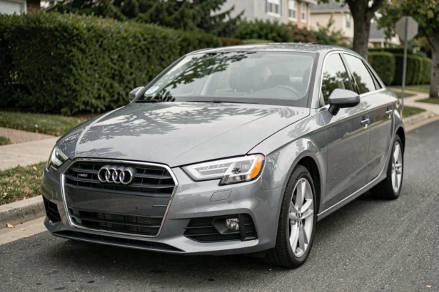 Audi A3 grise garée dans une rue résidentielle, vue trois quarts avant mettant en valeur la carrosserie métallisée