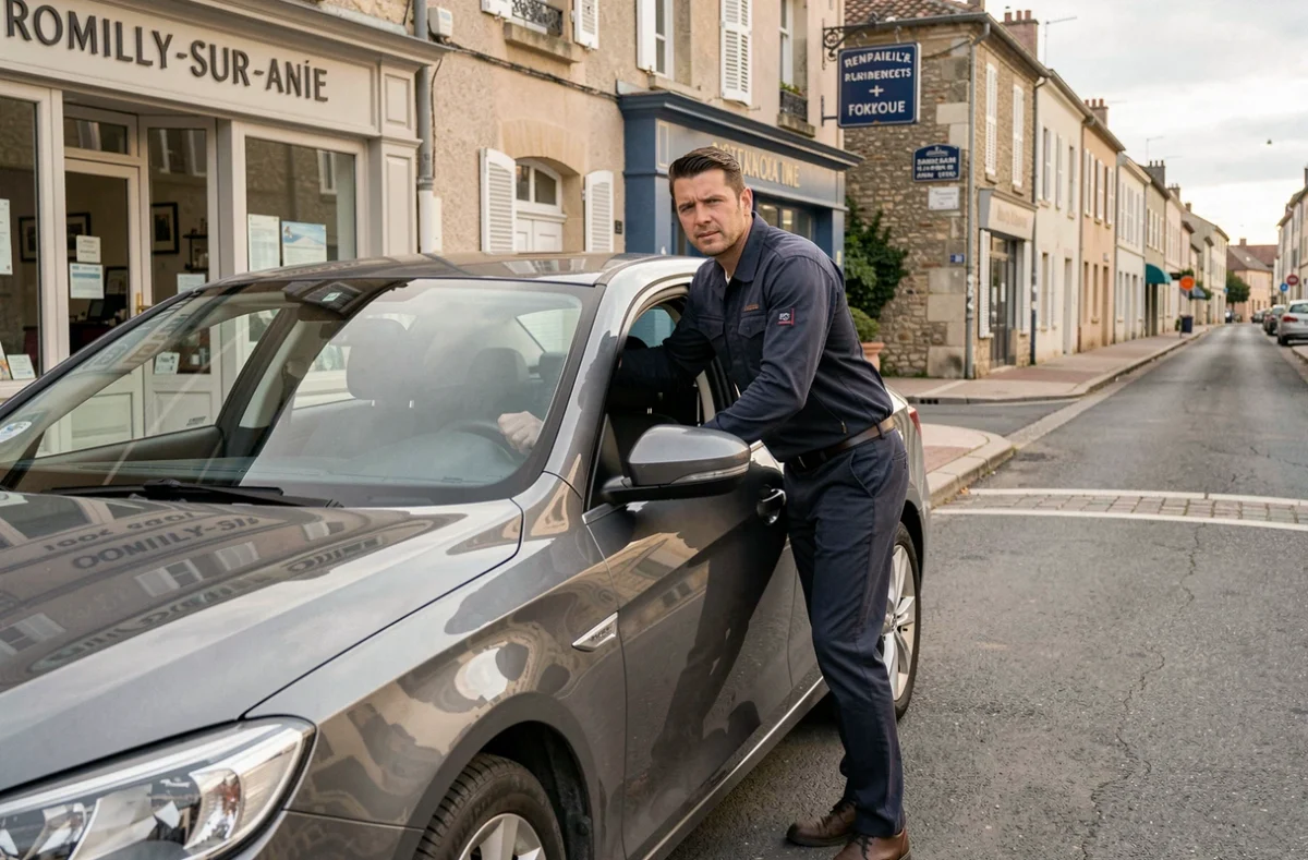 Instructeur de conduite Gornet Boivin appuyé sur une voiture école à Romilly-sur-Seine