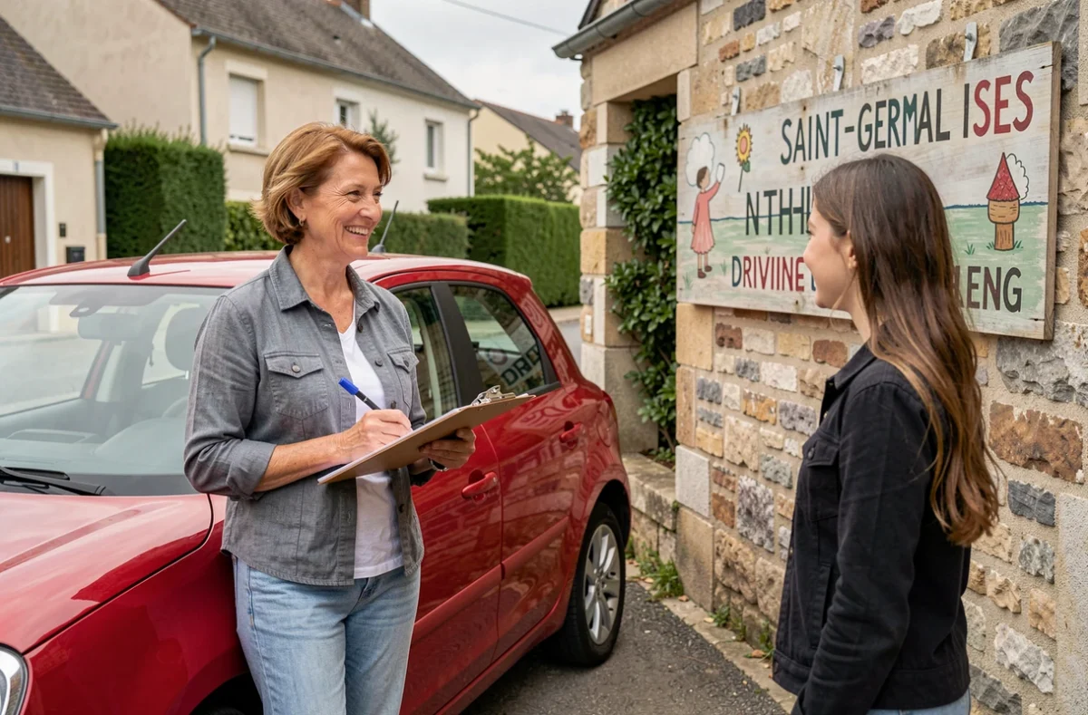 Monitrice souriante devant une auto-école à Saint-Germain dans l'Aube tenant un clipboard