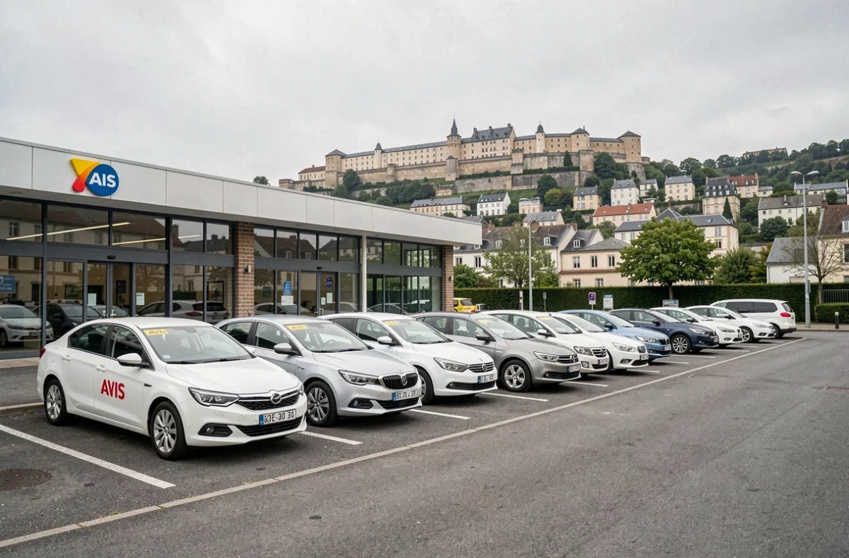 Flotte de véhicules Avis garée devant une agence à Besançon avec la citadelle en arrière-plan