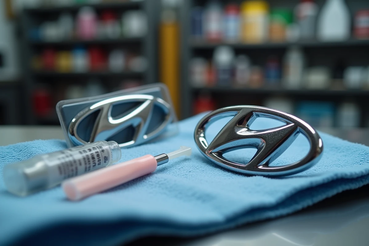 Logo Hyundai d'origine et badge de remplacement OEM posés sur un établi d'atelier automobile avec les outils nécessaires