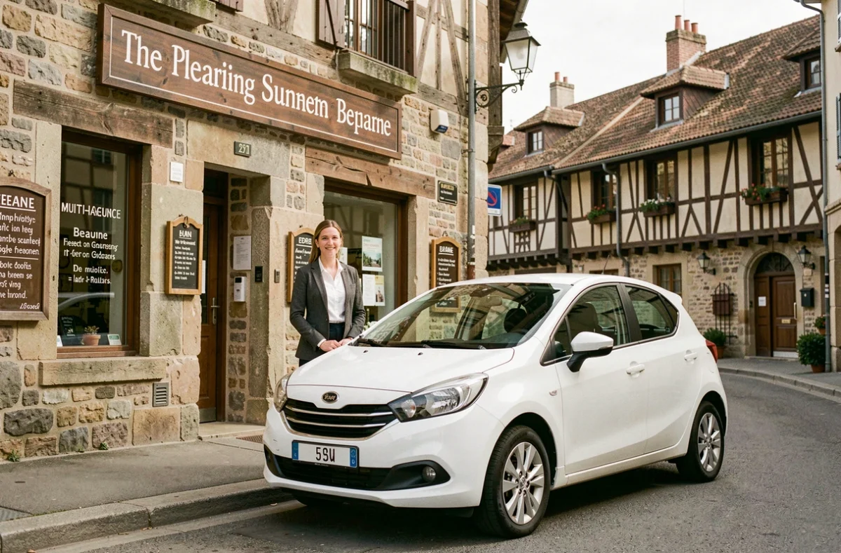 Employée de Beaune Location devant l'agence avec la vieille ville de Beaune visible en arrière-plan