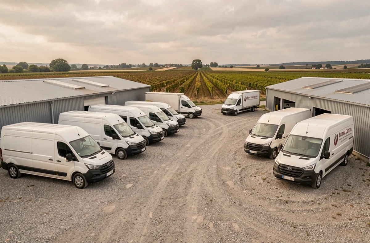 Flotte de camionnettes et minibus de Bourgogne Location garée dans un dépôt en milieu rural bourguignon