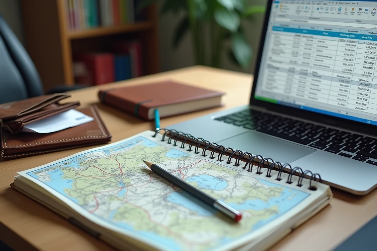 Bureau avec carte routière, notes manuscrites et tableau de bord de dépenses pour calculer tous les frais cachés d'un trajet en voiture