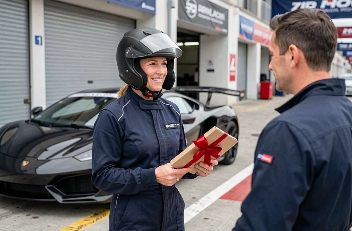 Femme recevant un stage de pilotage en cadeau dans le paddock d'un circuit automobile