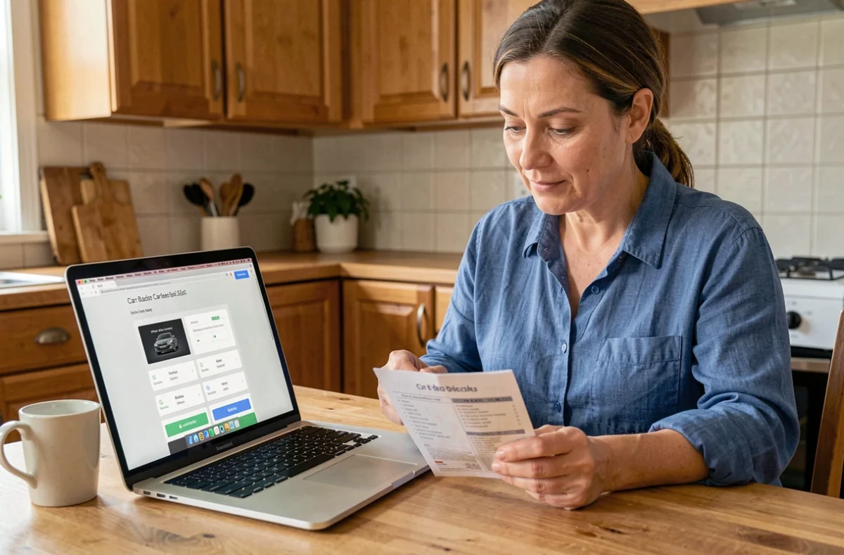 Femme utilisant un calculateur de code autoradio en ligne sur son ordinateur portable à la maison