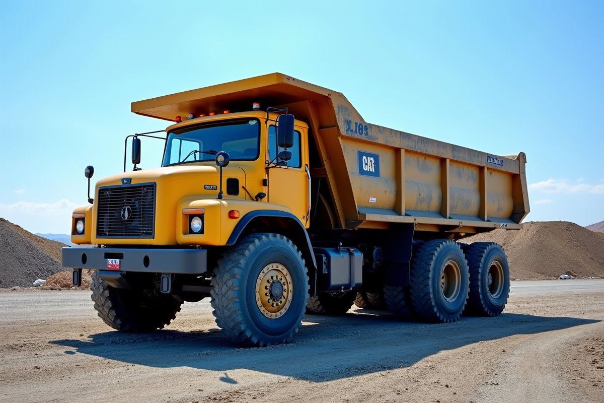 Camion benne d'occasion sur un chantier propre en plein soleil