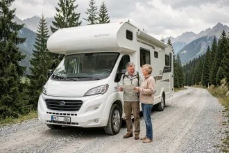Couple de camping-caristes devant un camping-car intégral Autostar garé en montagne, comparant les options de voyage