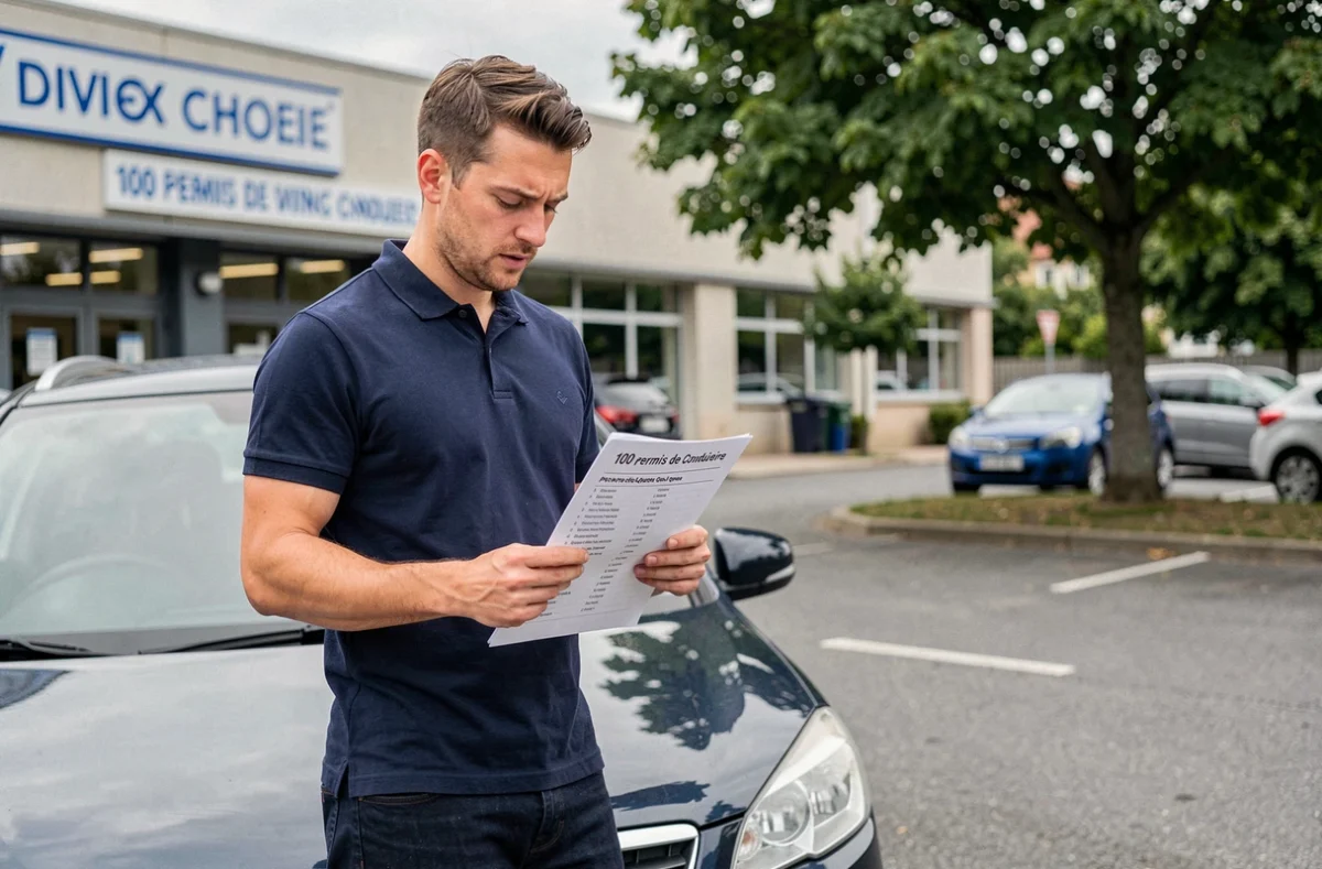 Candidat au permis de conduire consultant une fiche de 100 questions dans le parking d'une auto-école