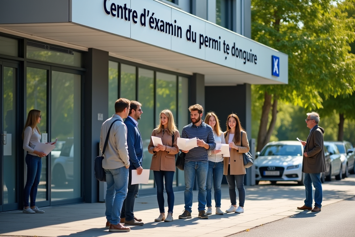 Groupe de candidats attendant devant le centre d