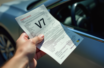Main tenant un certificat de voiture V7 au soleil