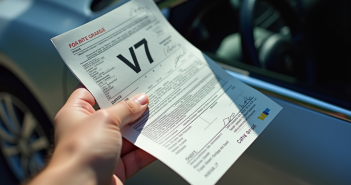 Main tenant un certificat de voiture V7 au soleil