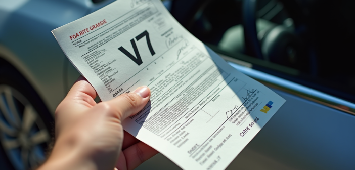 Main tenant un certificat de voiture V7 au soleil