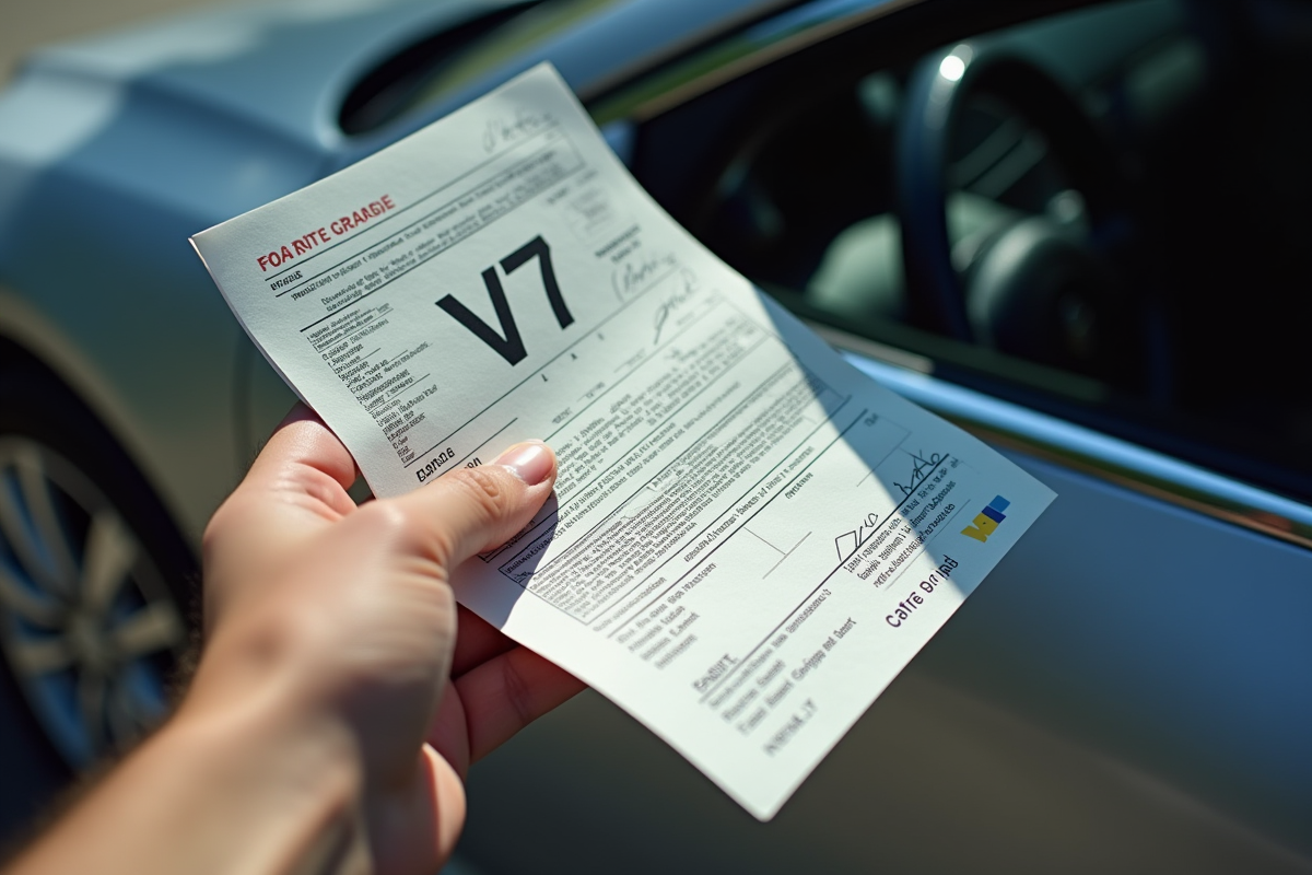 Main tenant un certificat de voiture V7 au soleil