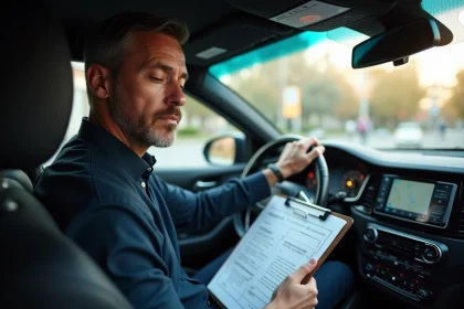 Chauffeur VTC examinant son contrat d'assurance Macif dans l'habitacle d'une berline noire