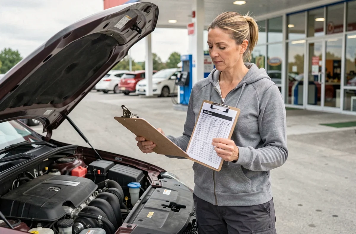 Femme consultant une check-list de sécurité devant le capot ouvert de sa voiture dans une station-service