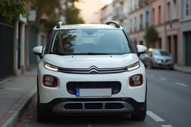 Citroën C3 blanche garée dans une rue pavillonnaire française, vue de face en léger plongé, adaptée aux petits budgets