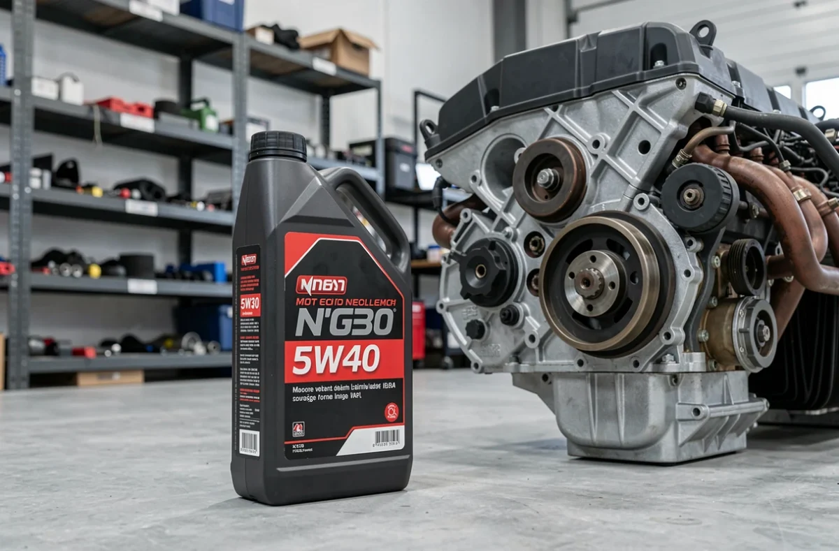 Comparaison des huiles Mannol 5W30 et 5W40 posées près d'un moteur automobile en atelier