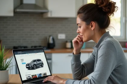 Femme comparant des offres de location de voiture à 59 euros par mois sur un ordinateur portable dans une cuisine moderne