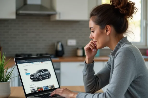 Femme comparant des offres de location de voiture à 59 euros par mois sur un ordinateur portable dans une cuisine moderne
