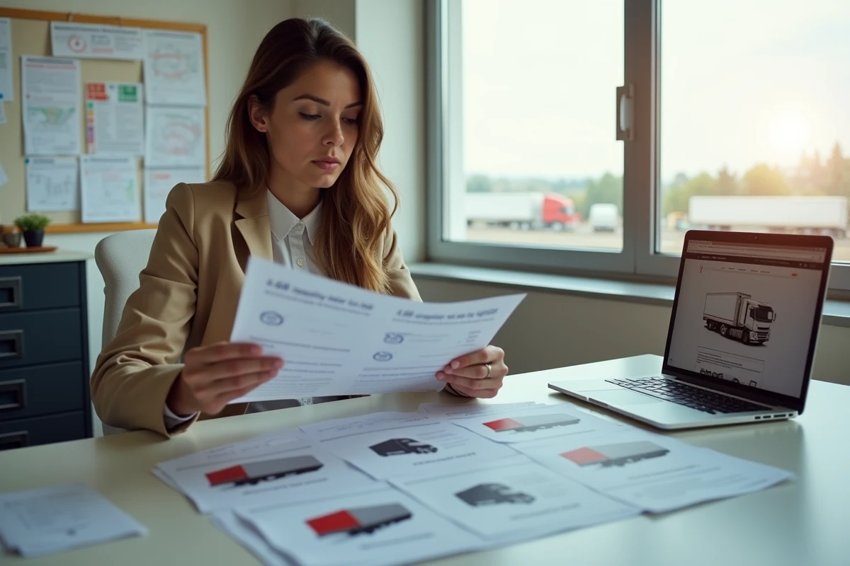 Femme d'affaires du secteur transport comparant des prix de remorques frigorifiques sur ordinateur et documents imprimés dans un bureau