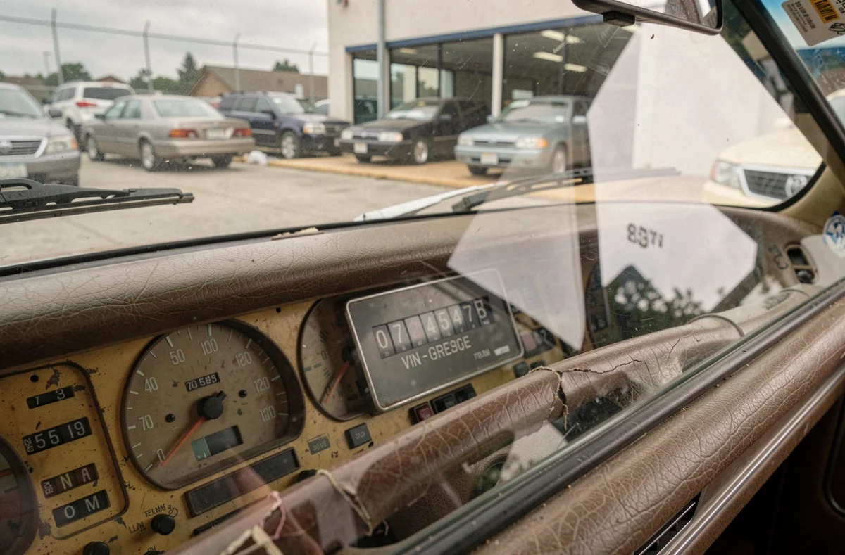 Gros plan sur le compteur kilométrique et la plaque VIN d'une vieille voiture suspecte chez un concessionnaire