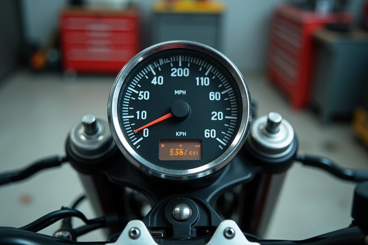 Gros plan sur un compteur de vitesse de moto affichant les miles et les kilomètres par heure en double échelle