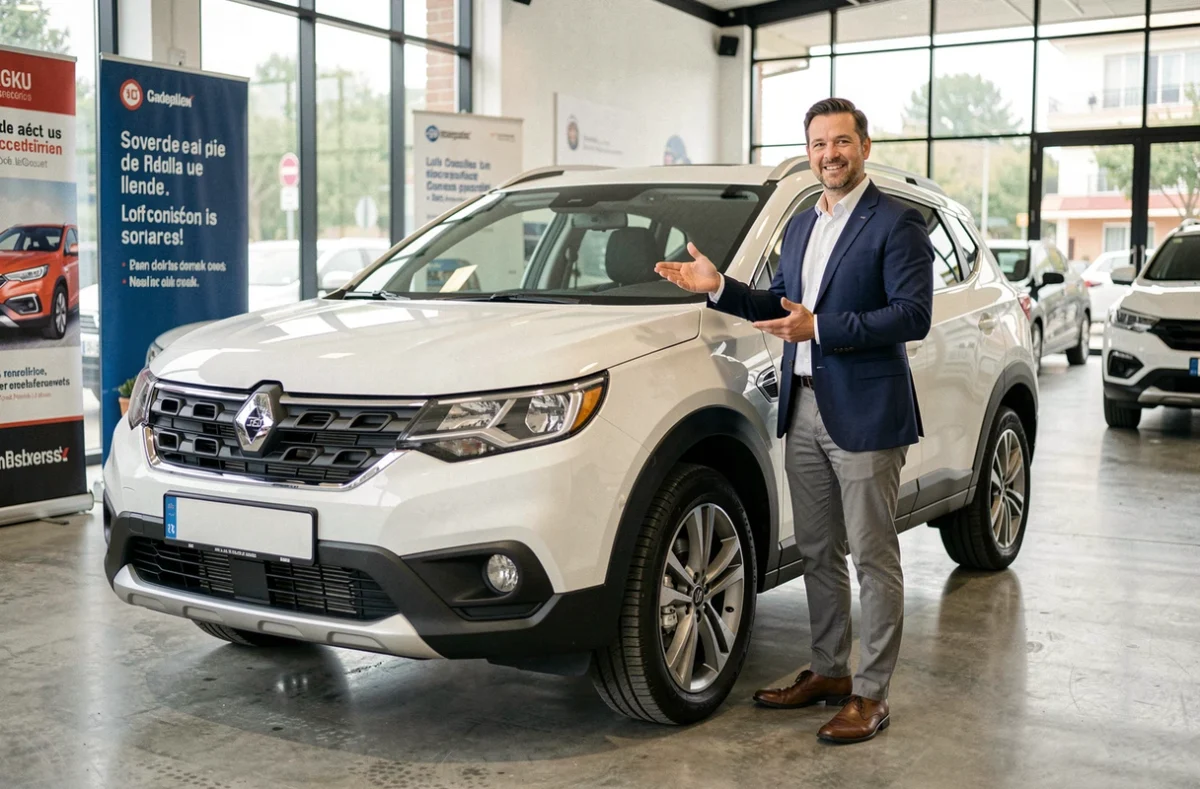 Conseiller commercial présentant le SUV le plus vendu dans un showroom automobile français en 2026