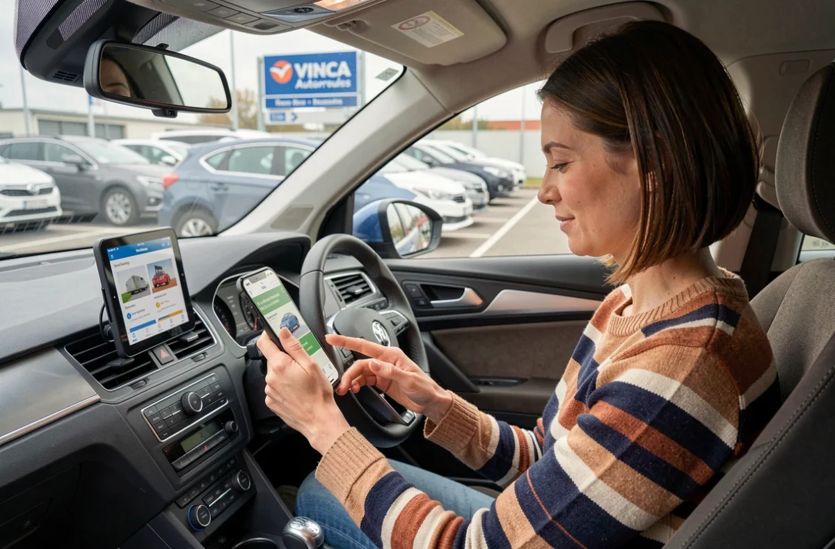 Conductrice consultant une application de covoiturage depuis son véhicule garé au parking Vinci Autoroutes de La Chapelle-Saint-Mesmin