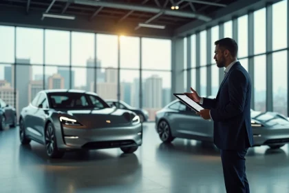 Conseiller automobile dans un showroom moderne en 2026 présentant des voitures sur le site Pifauto.com via une tablette