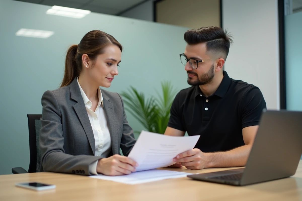 Conseillère Macif présentant les garanties d'assurance VTC à un chauffeur professionnel en agence