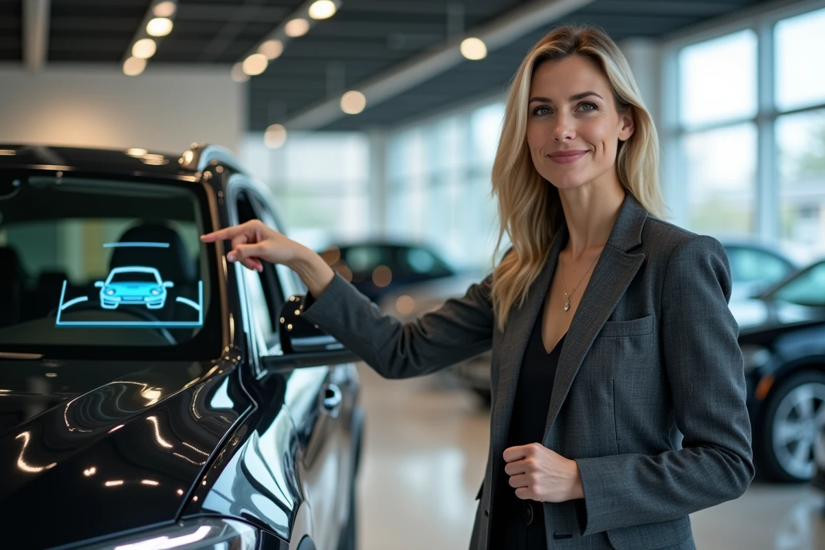 Conseillère automobile présentant les technologies de pare-brise connecté sur un SUV récent dans une concession moderne