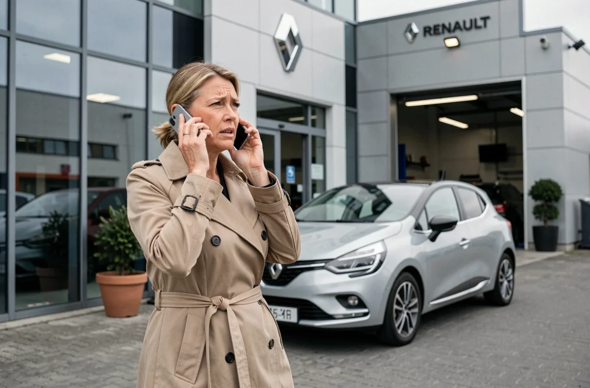 Femme contactant le service Renault par téléphone devant une concession avec une Clio 4 garée à l'arrière-plan
