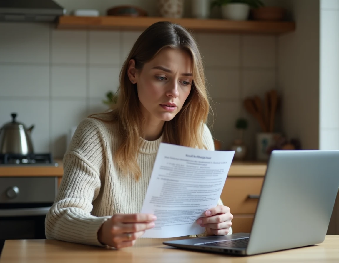 Femme consultant un avis de contravention de 5ème classe pour tapage nocturne reçu à son domicile