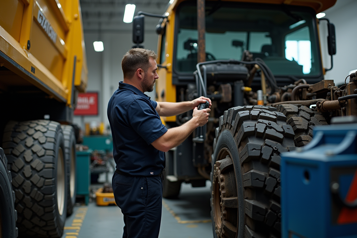 Mecanicien inspectant le systeme hydraulique d un camion benne