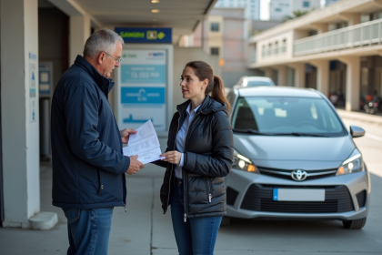 Homme et inspectrice devant voiture lors d'un contrôle